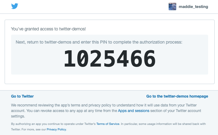 Visual representation of PIN generated during 3-legged OAuth process.