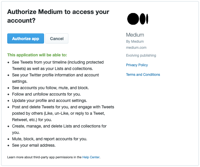 Visual representation of Medium requesting access to a user's Twitter account.