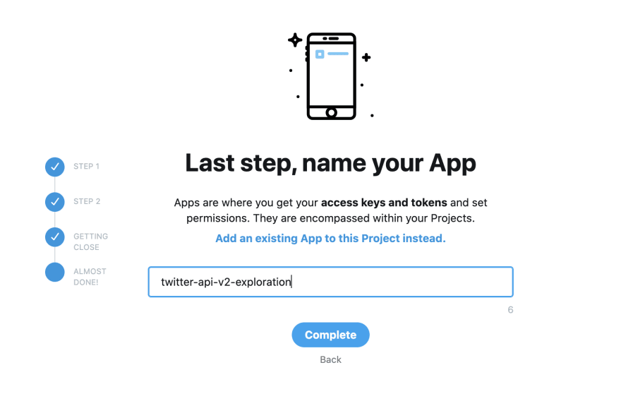 this image shows the last stage of naming your app where you get your access keys, tokens, and set permissions.
