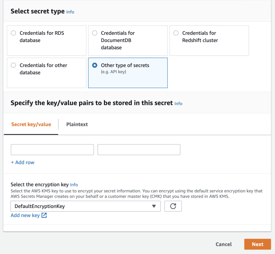 This image displays how to select secret type