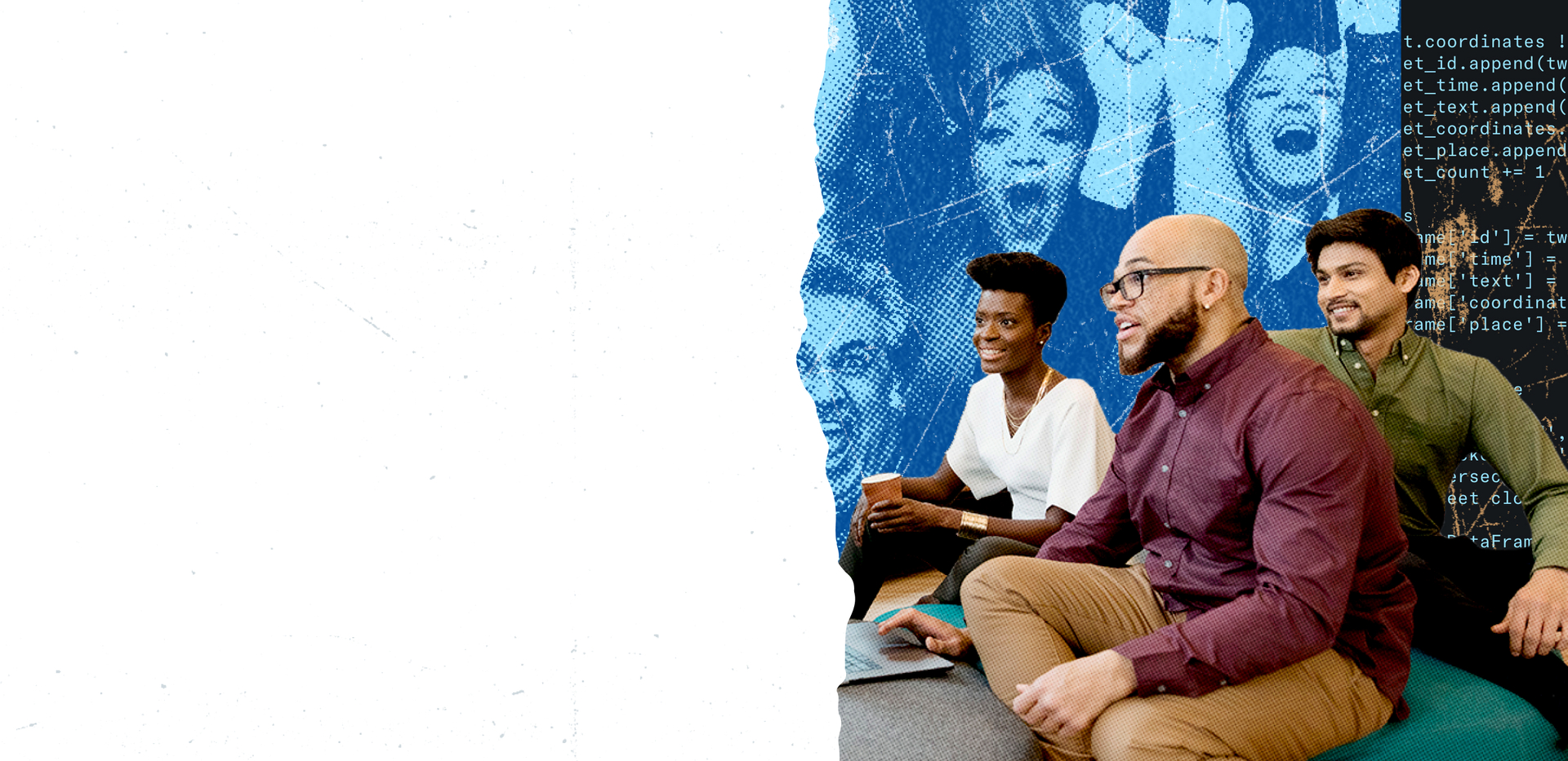 たくさんの人々が喜びを表現する背景の中で行われているチームミーティング