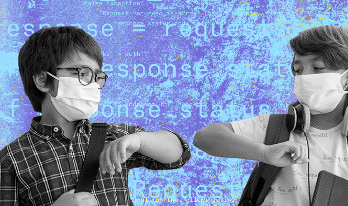 マスクを付けて肘を合わせる2人の学生 