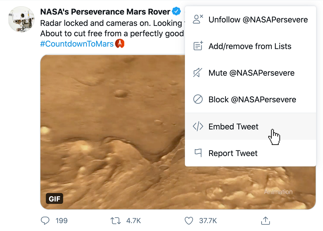 A Tweet showing the option to embed