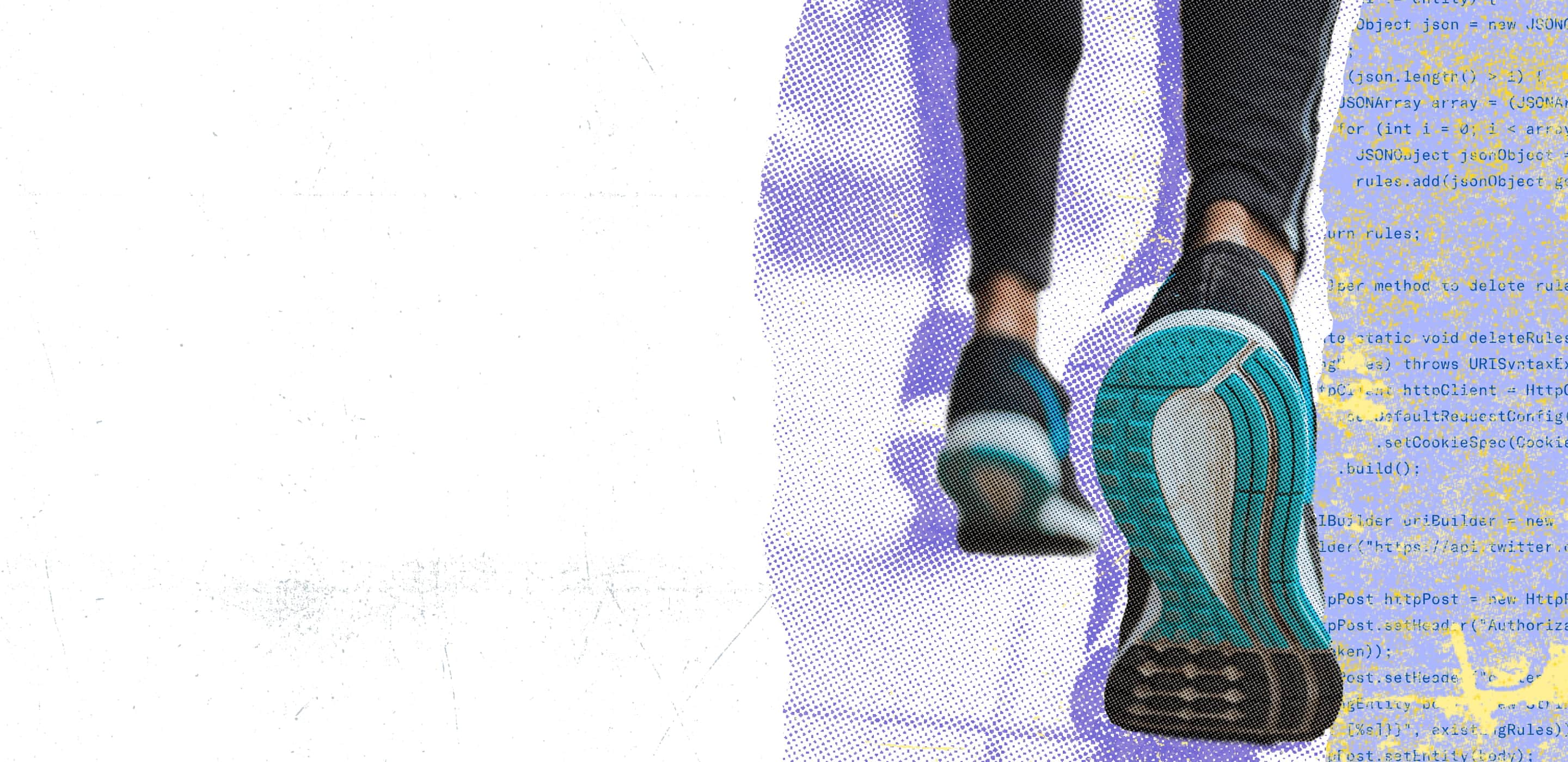 Legs of a person in athletic shoes with teal soles and code samples in the background