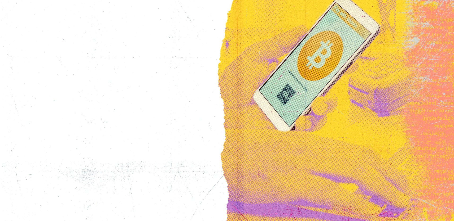 Abstract orange image of person at a computer keyboard holding a smartphone showing a bitcoin image