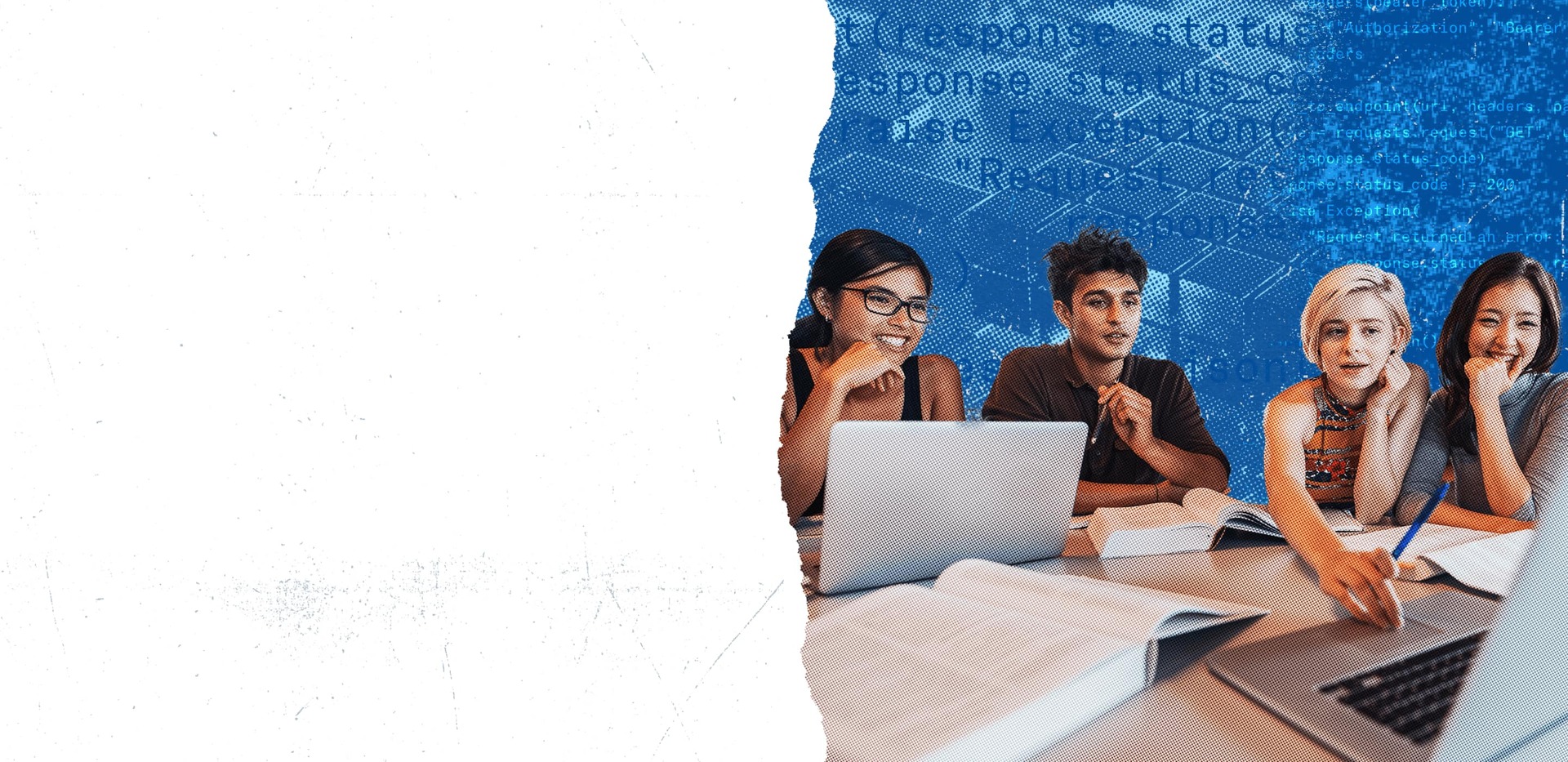 Four students studying with books and laptops and an abstract blue background of computer code samples