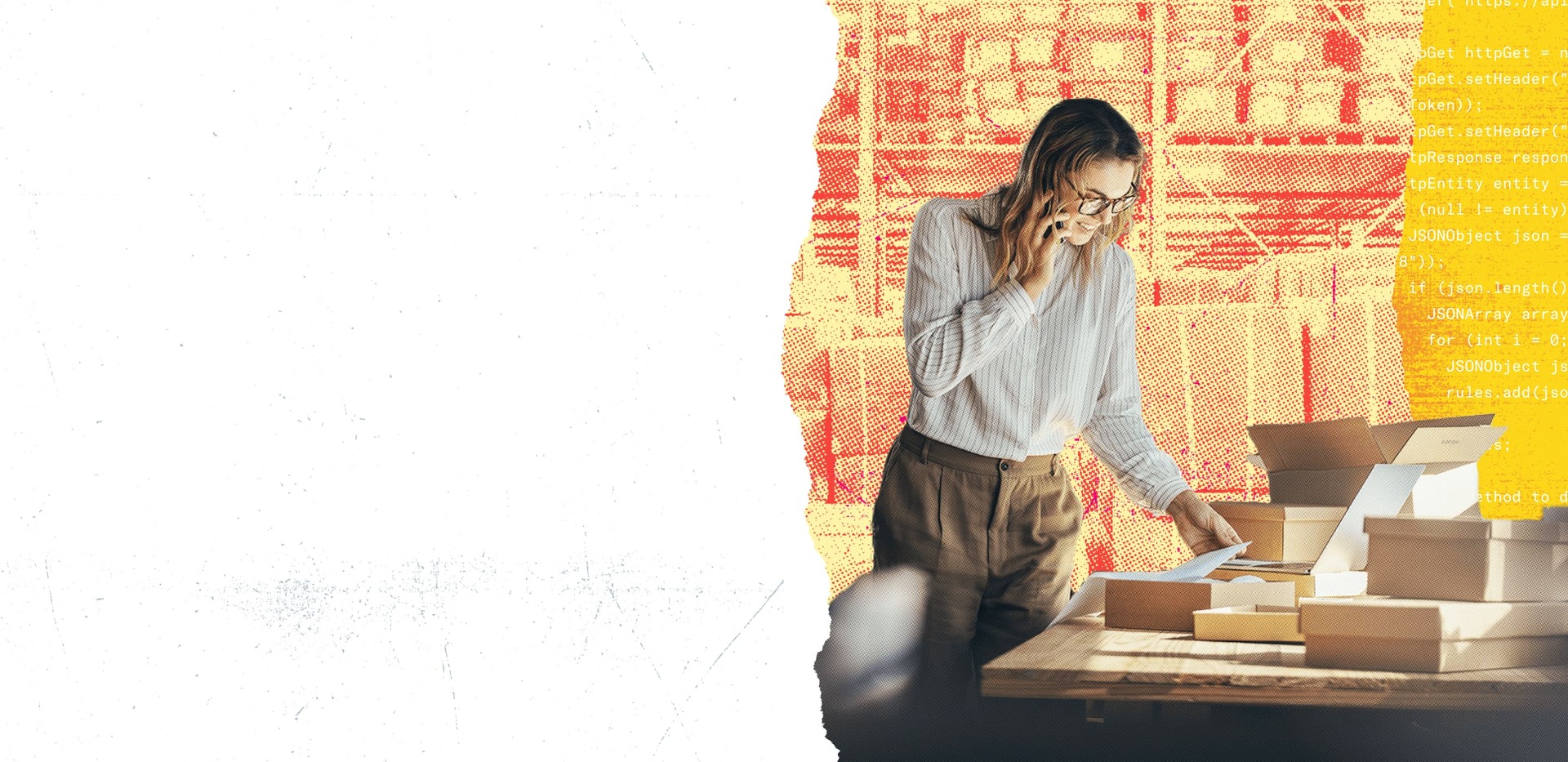 Young woman on phone viewing documents in boxes