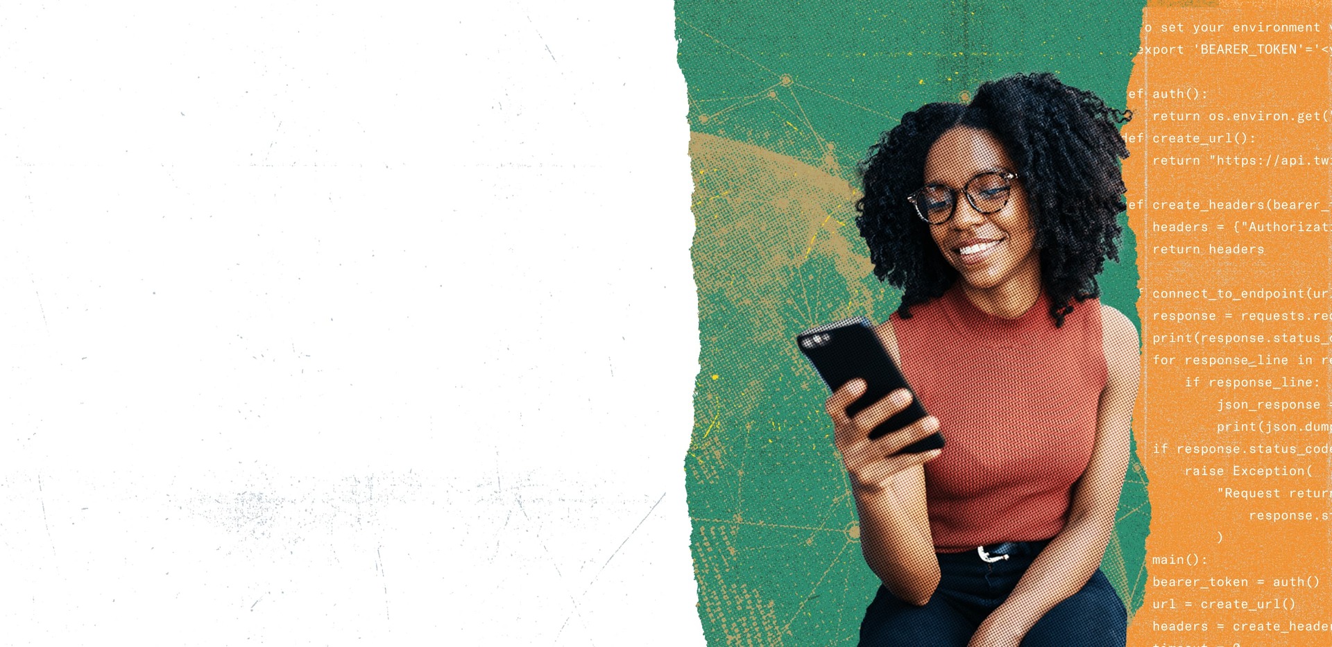 Smiling woman using smartphone with green abstract background