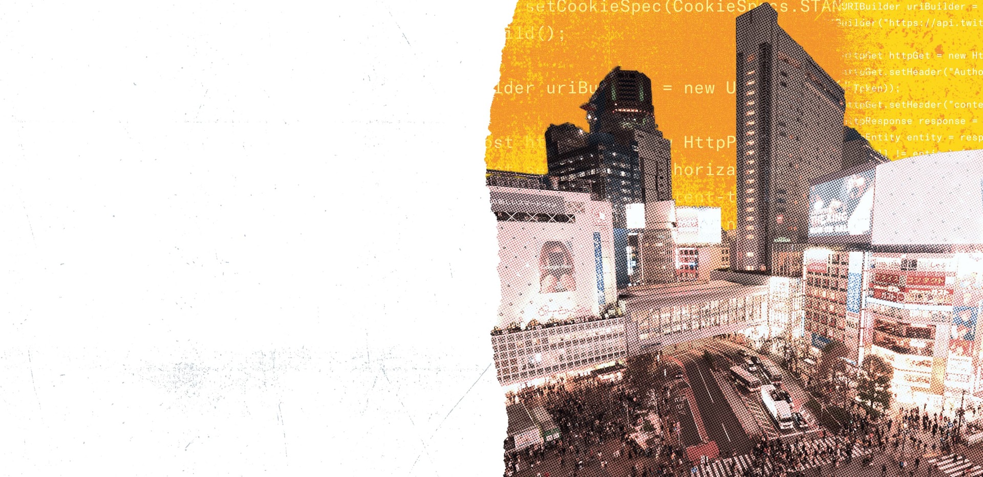 Busy downtown square with buildings, neon signs and crosswalk