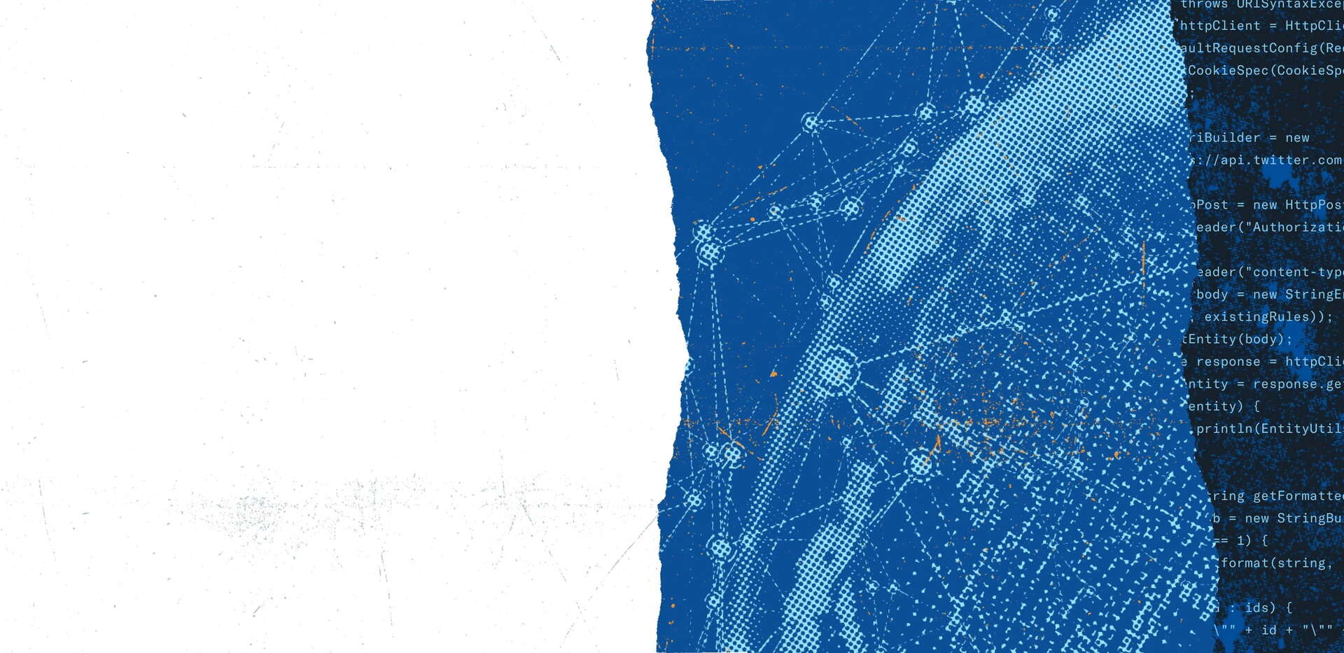 Abstract blue image depicting global connectivity and computer code samples in background