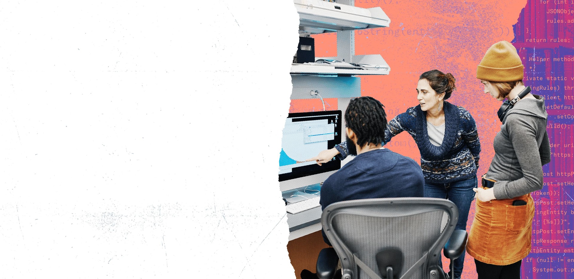 Three researchers gathered at computer screen